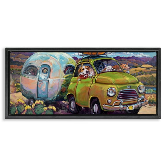 Stupell Industries Dogs Driving Camper Van Animals & Insects Painting Black Floater Framed Canvas Art Print Wall Art, 25 x 11