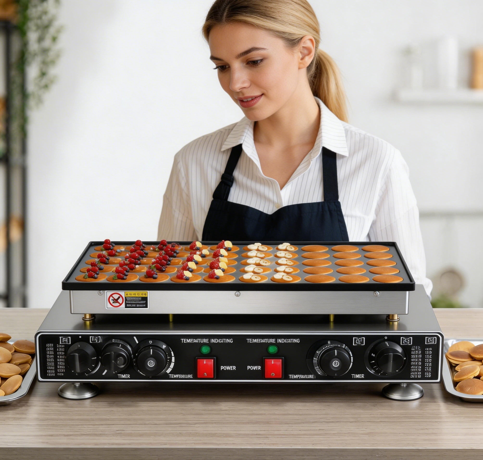 Yonopro 50PCS Mini Pancake Maker, 110V 1800W Commercial Mini Dutch Pancake Maker, 1.8 In Commercial Nonstick Waffle Maker with  2 Thermostats & 2 Timers Separate Control, for Home Restaurant