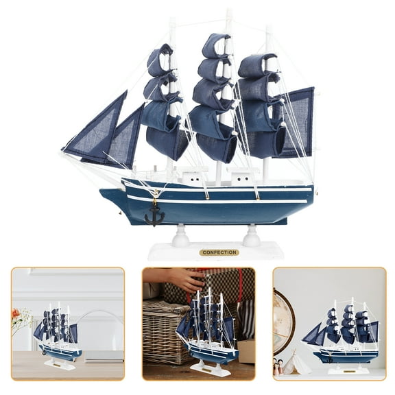 Wooden Sailing Ship Model Vintage Nautical Home Decor for Living Room Blue 1Pc