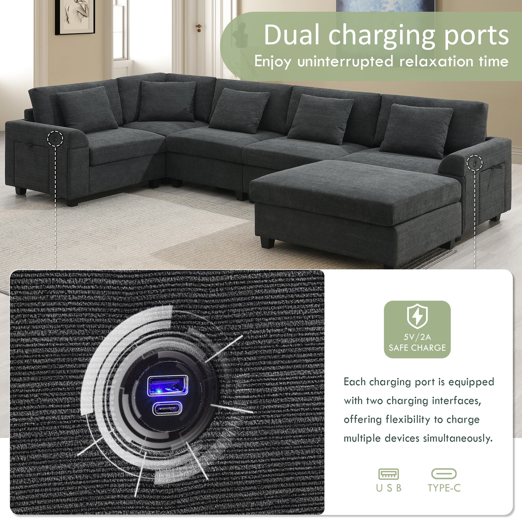 MAYEERTY 128x67" U-Shaped Sectional Sofa - 6-Seat Chenille Couch with Ottoman/Armrest Storage/Cup Holders/USB, Wide Seat for Living Room/Apartment, 2 Colors