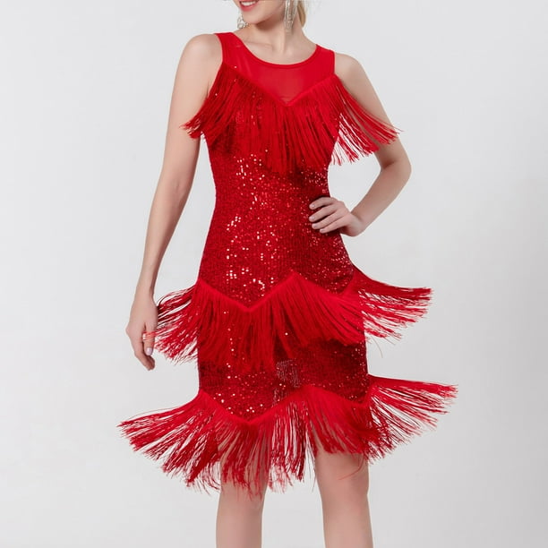 Abcnature Women's Sequins & Fringe Latin Dance Dress Crew Neck Sleeveless  Midi Length Formal Party Evening Gown for Performance Elegant Ballroom Salsa  Tango Outfit