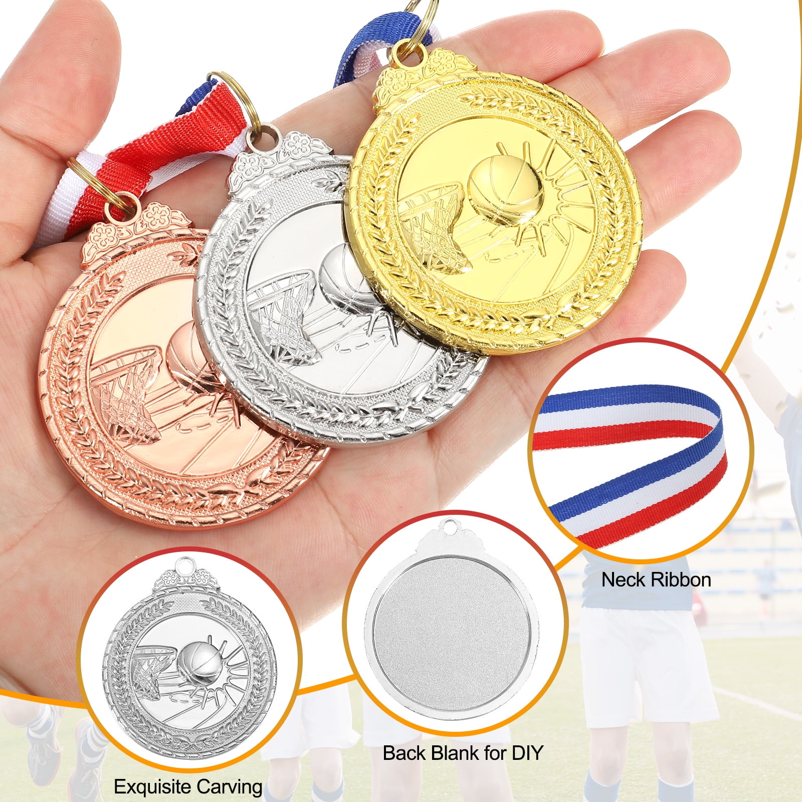 Uxcell 2 Inch Basketball Medals Silver Award Medals with Neck Ribbon for Team Sports Games Party Favors 24 Pieces