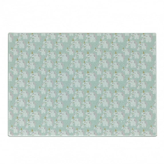 Unicorn Cutting Board, Doodle Style Mythical Creatures Mother and Horses with Horns in Pastel Tones, Decorative Tempered Glass Cutting and Serving Board, Small Size, Multicolor, by Ambesonne