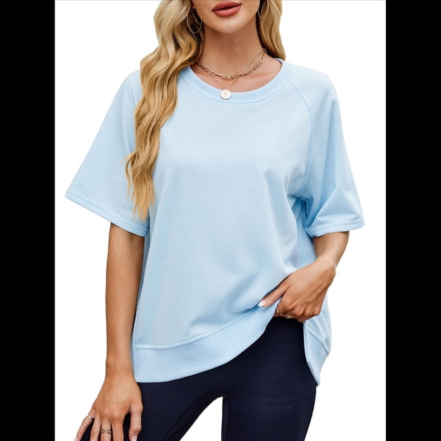 Camisetas de Gran Tamaño para Mujer, Cuello Redondo, Corta, Blusas Casuales de Verano, Blusas Holgadas de Corte Alto Azul S