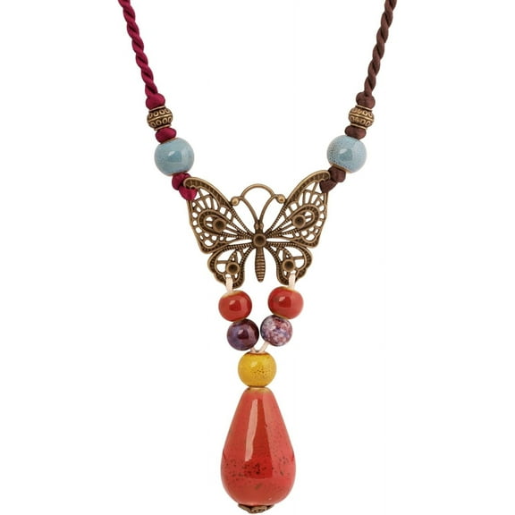 Hippie Boho Colorful Ceramic Bead Butterfly Charm Pendant Y Necklace, Vintage Bohemian Statement Jewelry Gift for Women