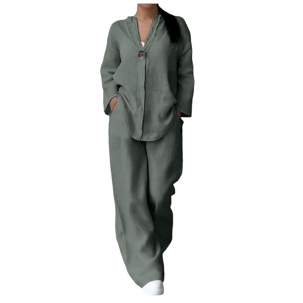 Conjunto informal de dos piezas para mujer: camisa de manga larga y pantalones de cintura alta - Camisa de color liso con botones, pantalones holgados con bolsillos, tallas S-XXL para todas las oca