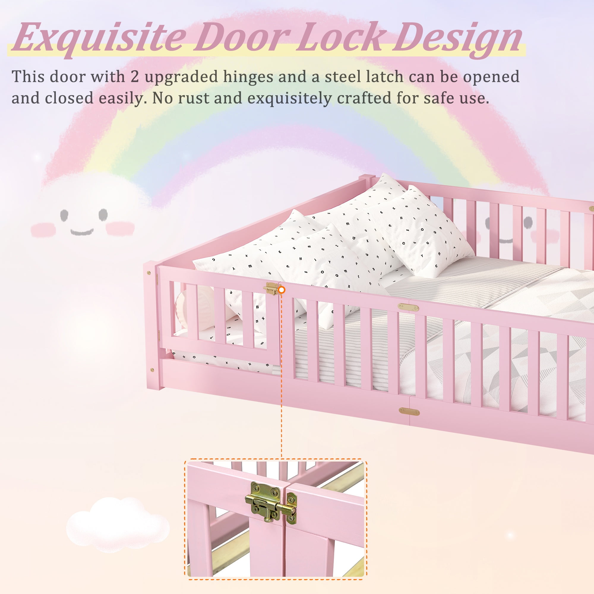 UHOMEPRO Queen Size Floor Bed with Door and Fence for Kids, Toddler Bed Montessori Floor Bed with Slats and Safety Guardrails, Solid Wood Queen Bed Frame for Girls Boys Kids Bedroom, Pink
