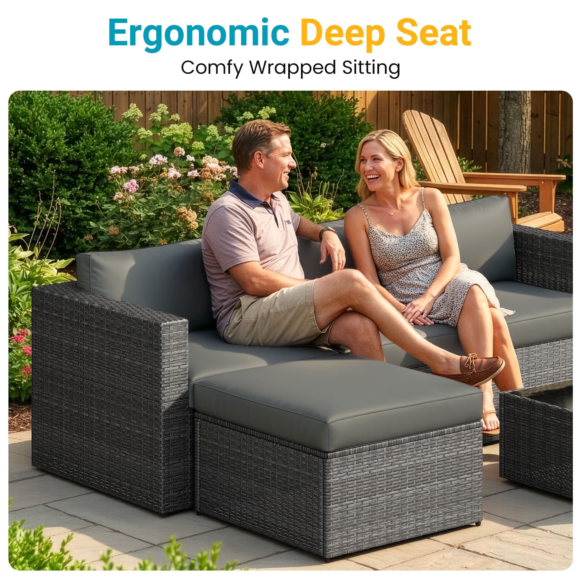 CozyHome 5-Piece Patio Rattan Furniture Set, Wicker Outdoor Sectional Sofas with Ottoman and Coffee Table, Grey