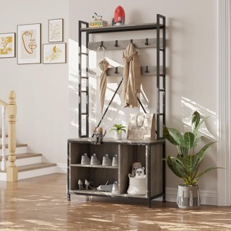 Recaceik Industrial Hall Tree Bench With Shoe Storage, 12 Coat Hooks, Drawer & Shelves, Entryway Coat Rack & Shoe Organizer