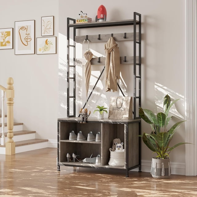 Bingirl 70" Hall Tree with Bench and Shoe Storage, Metal Frame Entryway Organizer with Coat Hanger, Movable Hooks, and Open Shelf, Versatile Clothing Rack for Entryway, Hallway, Living Room