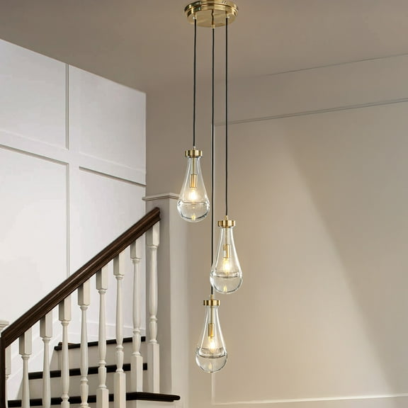 3 Lights W9 in Farmhouse Raindrop Glass Chandelier Modern Teardrops Pendant Light for Kitchen Island in Antique Brass Rustic Adjustable Hanging Rope Cluster Pendant for Foyer