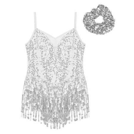 TiaoBug Kids Girls Sequins Jazz Latin Tassel Dance Dress Sleeveless Ballet Mesh Fringed Leotard with Hair Tie Silver 6