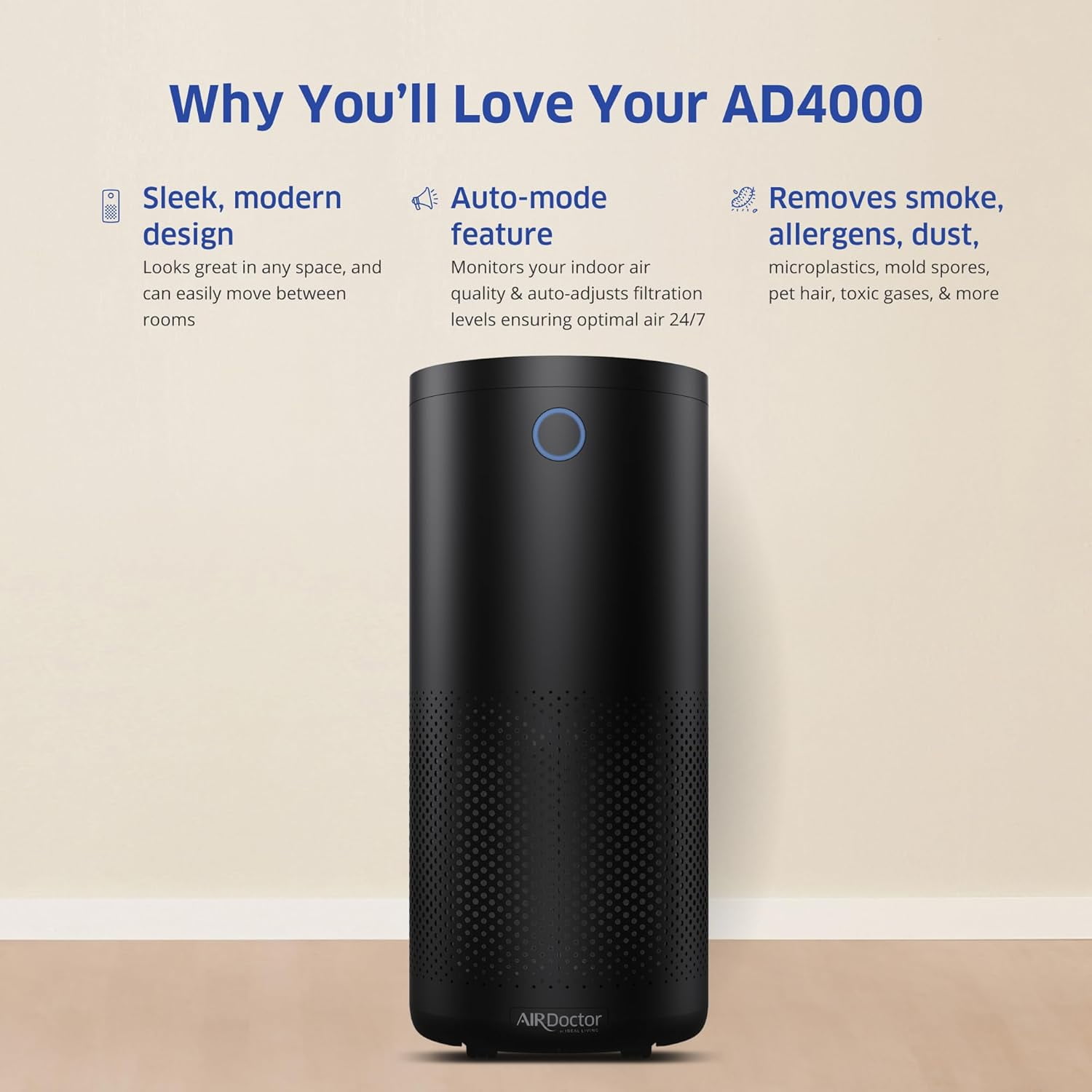 AirDoctor 4000 UltraHEPA Air Purifier for Large Rooms, 14x14x28 in., MERV 16, Black
