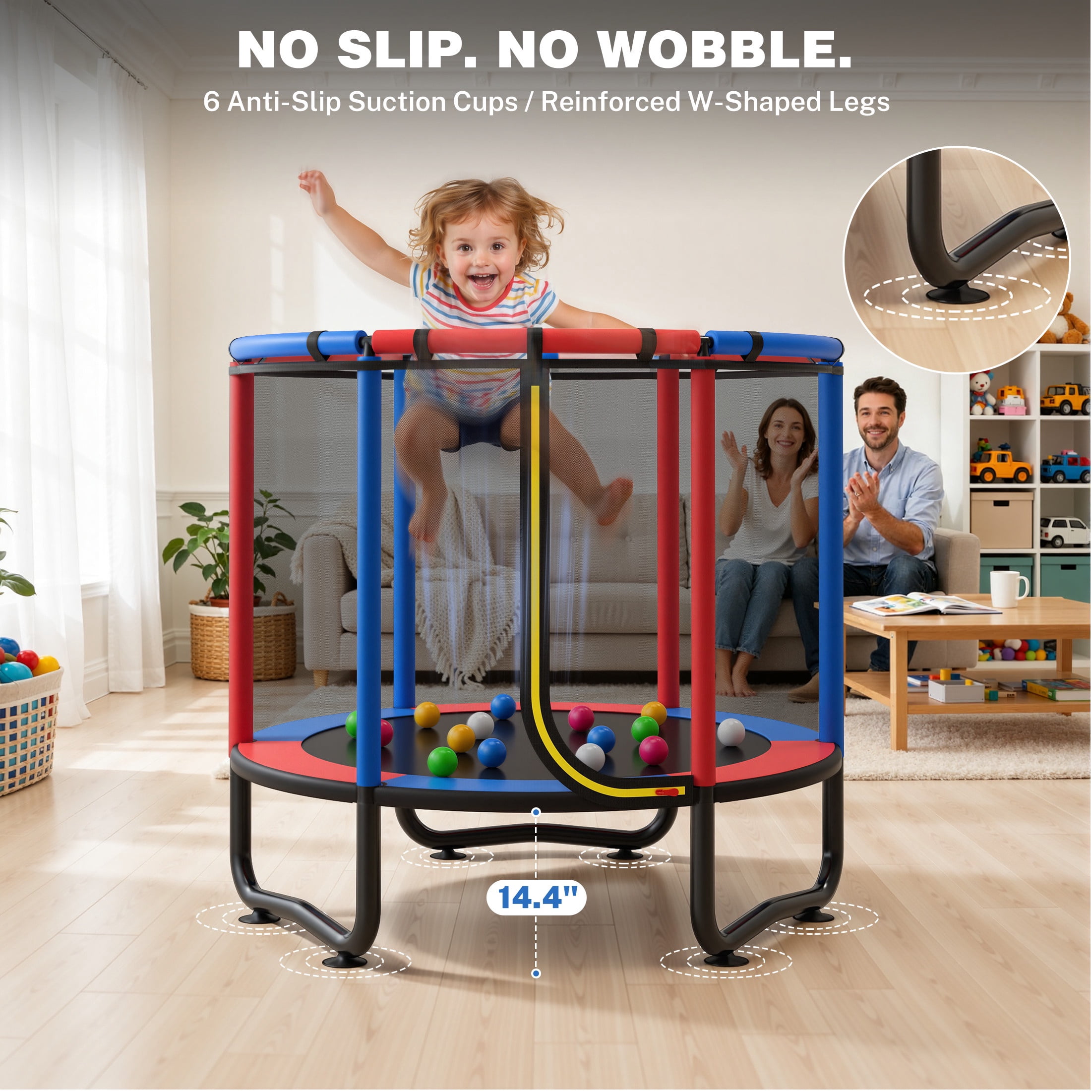 55" Toddler Trampoline, Activity Center with Gym Bar, Punching Bag, Rings, Ball Pit, Kids Trampoline, Indoor Toddler Play Gym, Mini Trampoline for Ages 3–6, 110lbs Weight Capacity, Blue