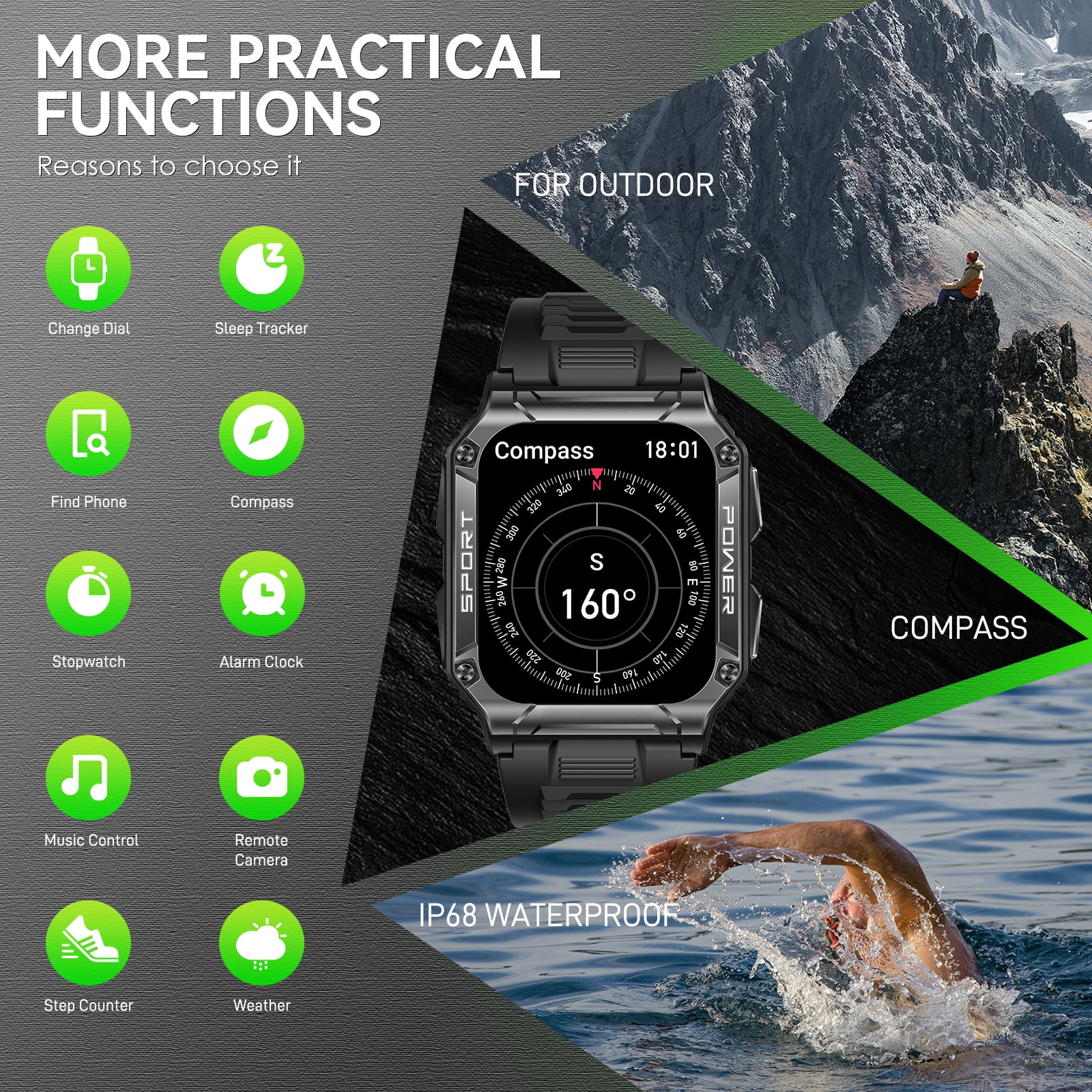 Jelloo Military Smart Watches for Men (Make/Answer Call), 1.95'' Large HD Outdoor Sport Fitness Tracker, Rugged Watch with Compass Smartwatch, for iPhone Android Samsung