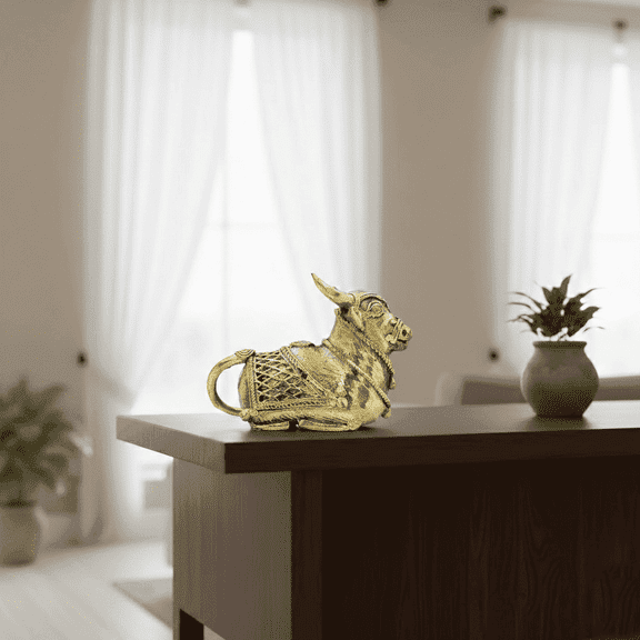 NATRIEL Dhokra Art Nandi Cow Figurine - Symbol of Strength & Devotion Decorative Showpiece - 8.5 cm (Brass, Gold)