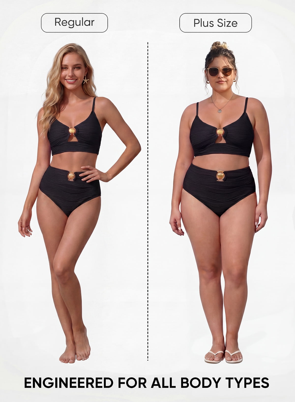 SHEWIN Swimsuit for Women 2 Piece Bathing Suits High Waist Bikini Sets Texture Swimming Suits Full Coverage Beach Essentials Black XL