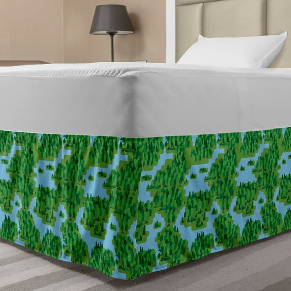Forest Bed Skirt, Aerial View of Woodland Area around the Lake Pine Birch Willow Trees, Elastic Bedskirt Dust Ruffle Wrap Around for Bedding Decor, 4 Sizes, Pale Blue and Lime Green, by Ambesonne