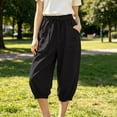 thumbnail image 2 of Yyeselk Womens Cotton Linen Capri Pants Wide Leg Barrel Tapered Pants Summer High Waisted Drawstring Cropped Beach Trousers with Pockets Black L, 2 of 6