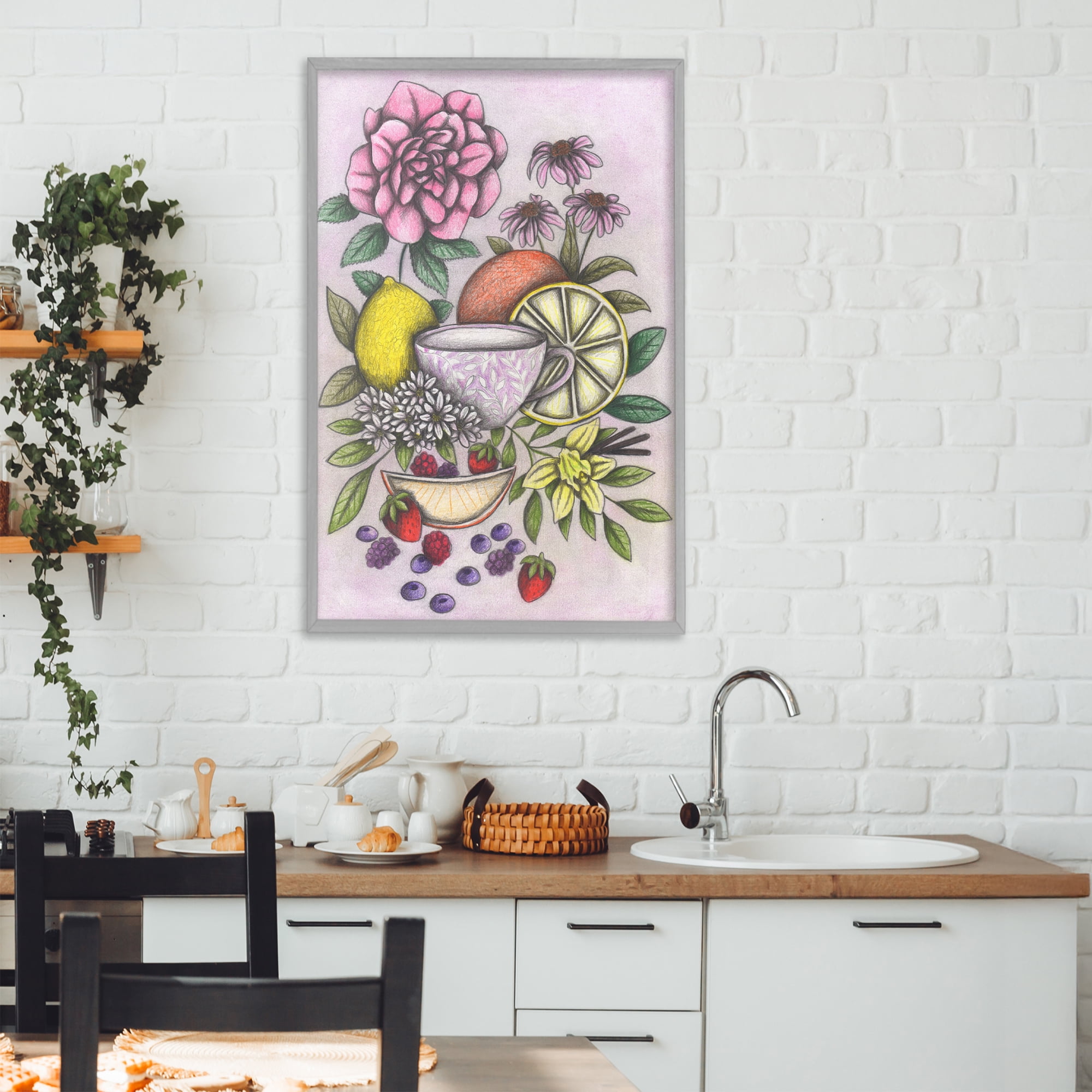 Rococo Tea with Fruits Gray Framed Giclee Art, design by Cecilia Battaini