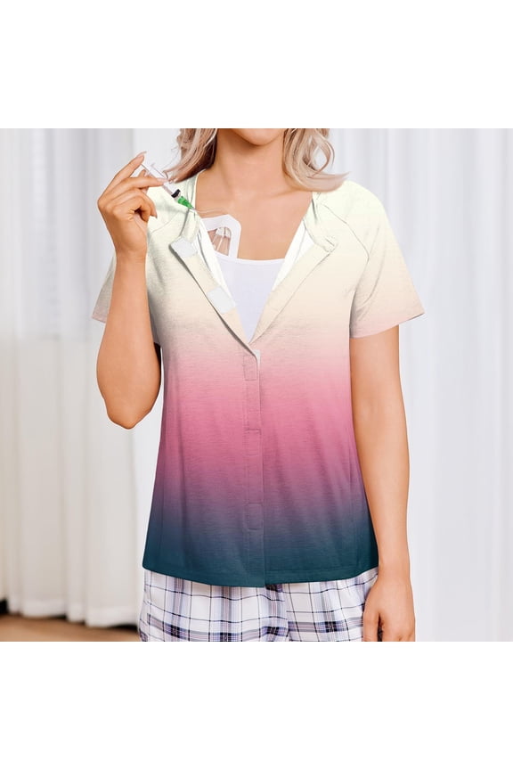 Chemo Port Shirts for Women Short Sleeve Tear Away Tops with Drain Pockets After Rotator Cuff Shirts Shoulder Surgery Shirts for Women Chemo Port Adaptive Cloth Pink L
