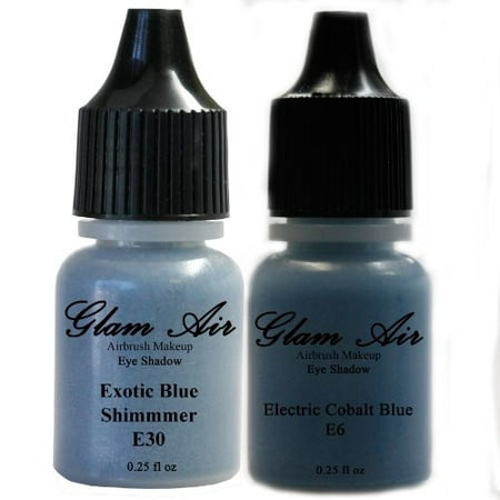 Set of Two (2) Shades of Glam Air Airbrush Eye Shadow Makeup E6 Electric Cobalt Blue and E30 Exotic Blue Shimmer Water-based Formula Last All Day (For All Skin Types) 0.25oz (Best Makeup That Lasts All Day)