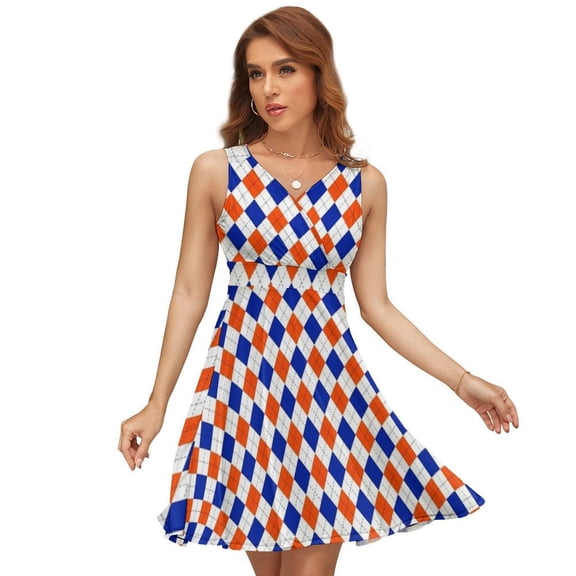 Orange And Blue Traditional Argyle All Over Print Sundress Sleeveless Dress Summer Women Clothes Dress for Women Dresses