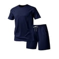 thumbnail image 3 of Men Short Sets Outfits Zaewscy Men Solid Casual Sports Round Neck Pullover Short Sleeve Blouse Elastic Waist Pockets Short Pants Dark Blue L, 3 of 6