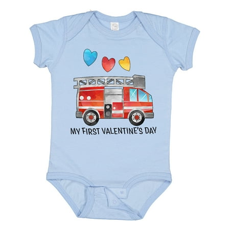 

Inktastic My 1st Valentine s Day Fire Truck with Hearts Boys or Girls Baby Bodysuit