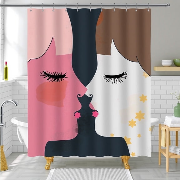 Whimsical Kissing Faces Shower Curtain - Abstract Art Bold Colors Pink & Tan Modern Bathroom Decor