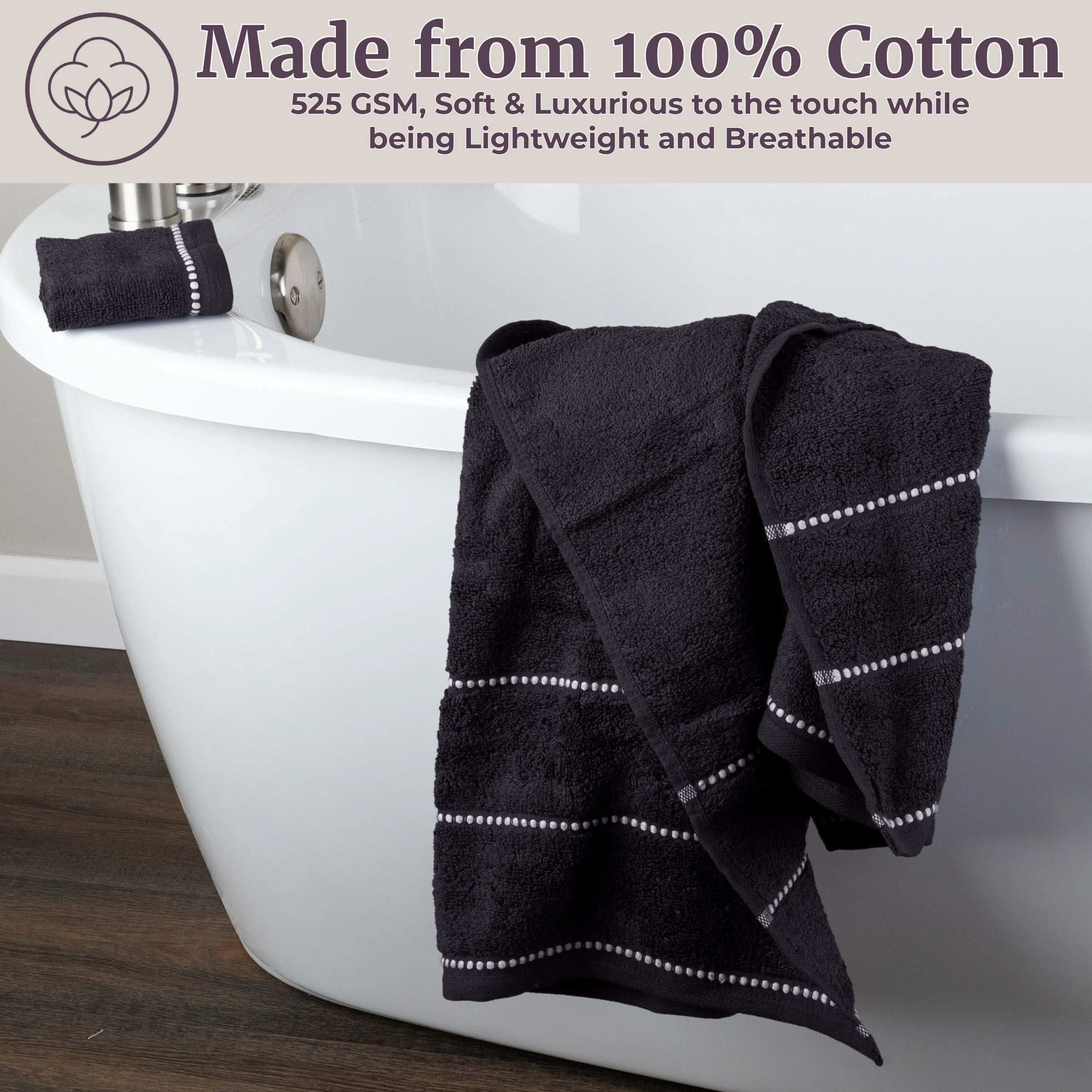 6-Piece Quick Dry Bath Towels Set - 100% Cotton Towel Set for Bath, Gym, and Spa (Black)
