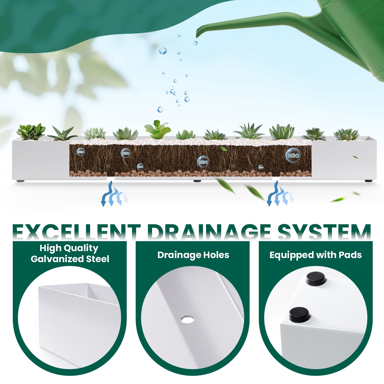 3.5"x3.25"x32" Planter Box with 4 Rubber Mats Trough Planter Pots Succulent Planters Window Sill Table Galvanized Steel Rectangle Durable for Small Herb with Drainage Hole Indoor Outdoor, White