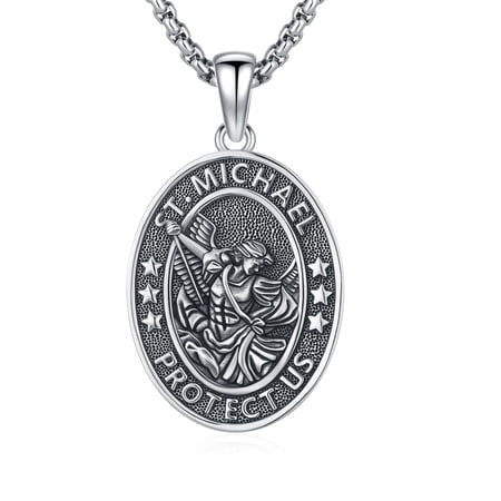 925 Sterling Silver St Michael Medal Necklace for Men Oval Archangel Michael Pendant Catholic Religious Amulet Gift for Military Police Law Enforcement Firefighter