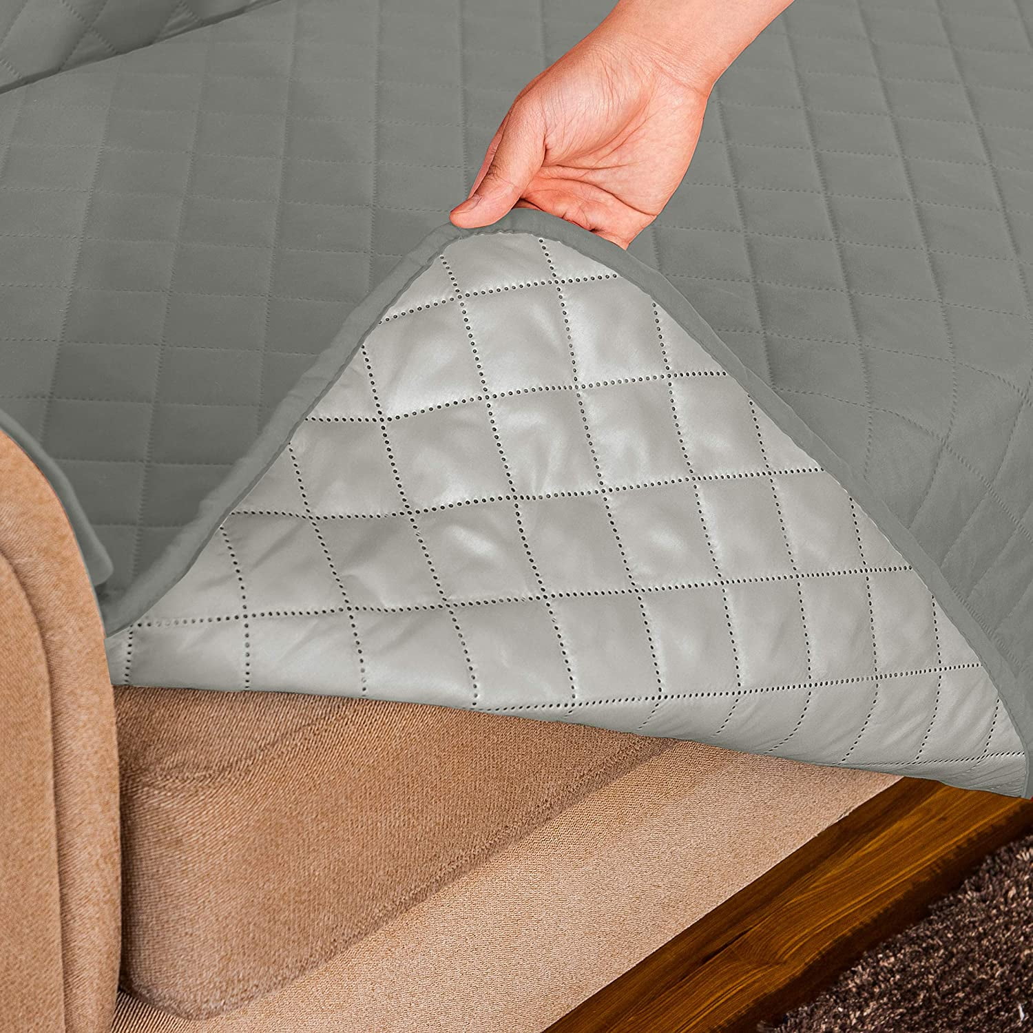 Subrtex 1-Piece Reversible Sofa Cover Quilted Slipcover (Small Sofa, Light Gray)