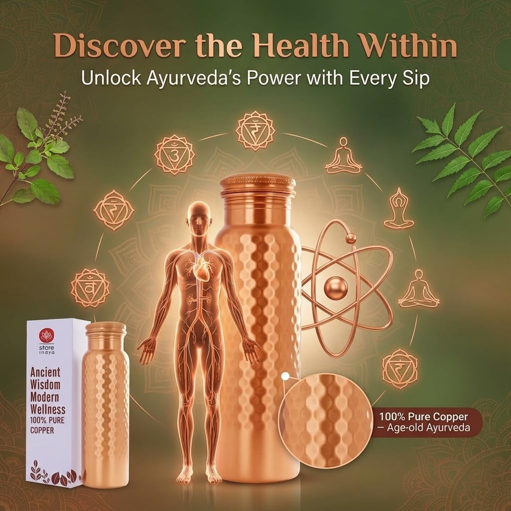 Store Indya 30 oz Copper Water Bottle with Handcrafted, Leak-Proof Lid