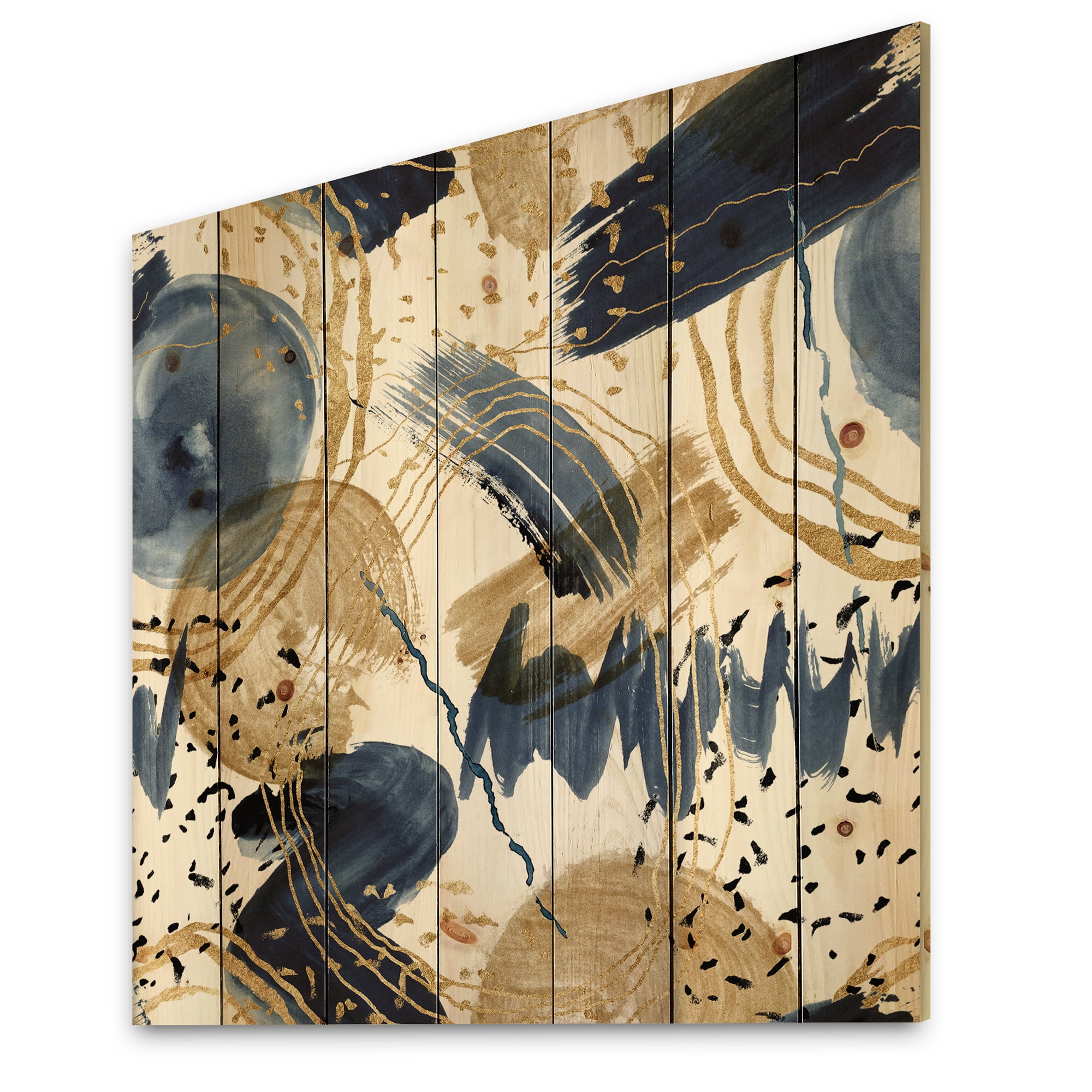 Designart 'Dark Blue & Golden Textures With Abstract Pattern' Modern Print on Natural Pine Wood