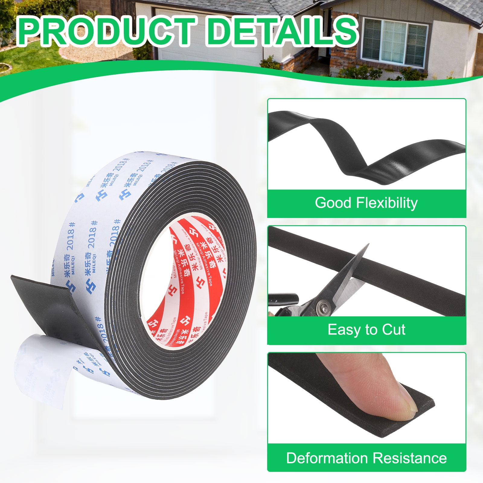 Uxcell 3Roll Sponge Rubber Foam Tape, 1 9/16" W x 5/64" t x 16.4ft l Self-Adhesive Foam Insulation Tape Weather Stripping for Window Door Soundproofing Weatherstrip AC Seal Strip, Black