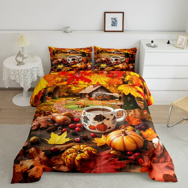 Erosebridal Ensembles de Couette Citrouille Dessin Animé Format Grand, Couette en Duvet Récolte d'Automne, Insert de Couette Réversible Feuille Plante, Décoration de Chambre Respirante, 3 Pcs