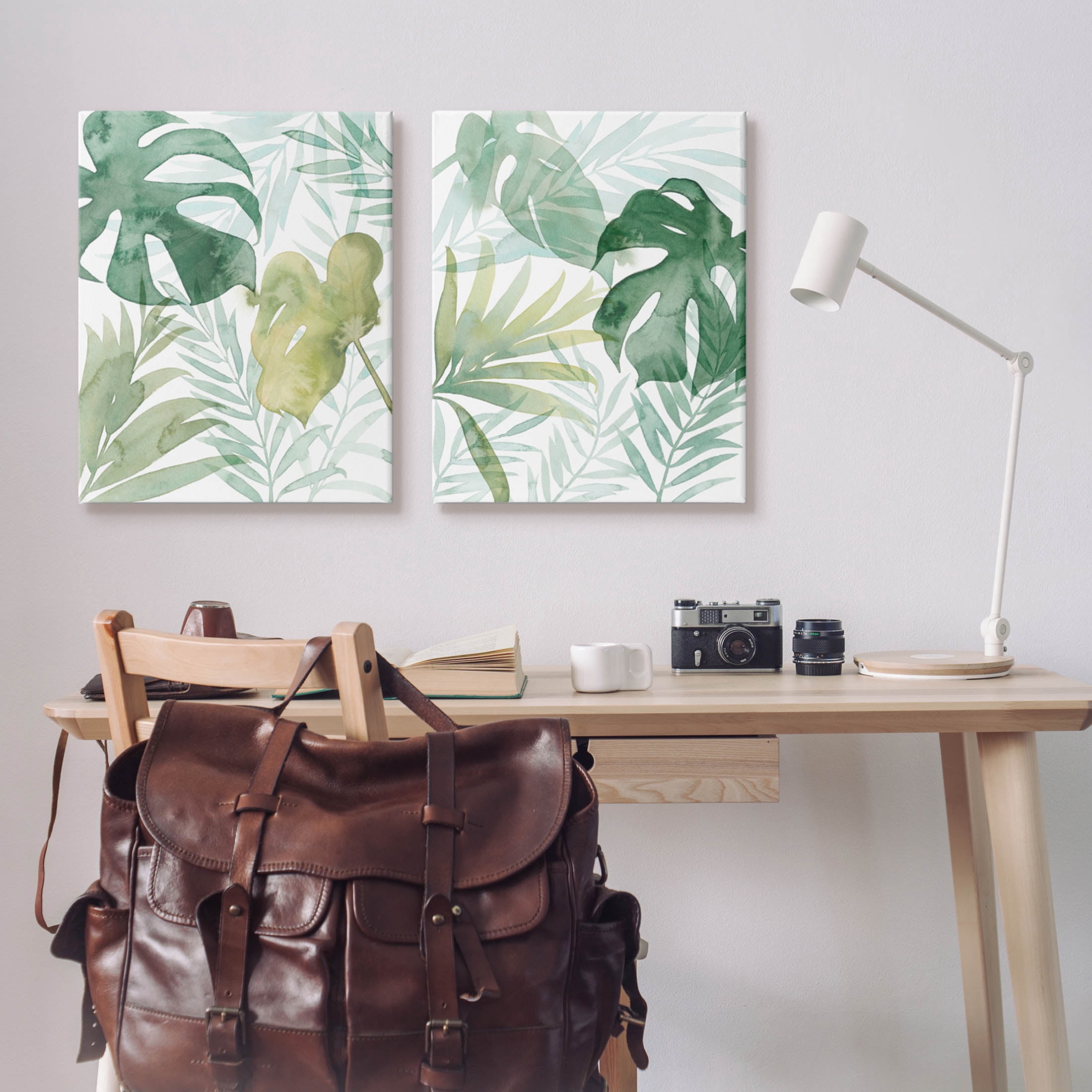 Layered Lush Green Plant Leaves Botanical & Floral Graphic Art Gallery Wrapped Canvas Print Wall Art, Set of 2