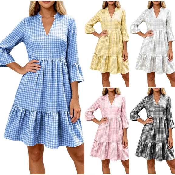 VBVC Women's Gingham V Neck 3/4 Sleeve Mini Dress , Ladies' Ruffle Bell Sleeve Casual A Line Dress , Summer Casual Tiered Plaid Dress For Women,Black,S-2XL