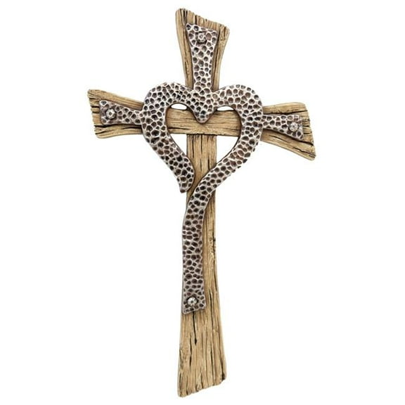 De Leon Collections 14464 Polyresin Hammered Layered Wood Heart Rustic Farmhouse Religious Hanging Wall Cross Dcor