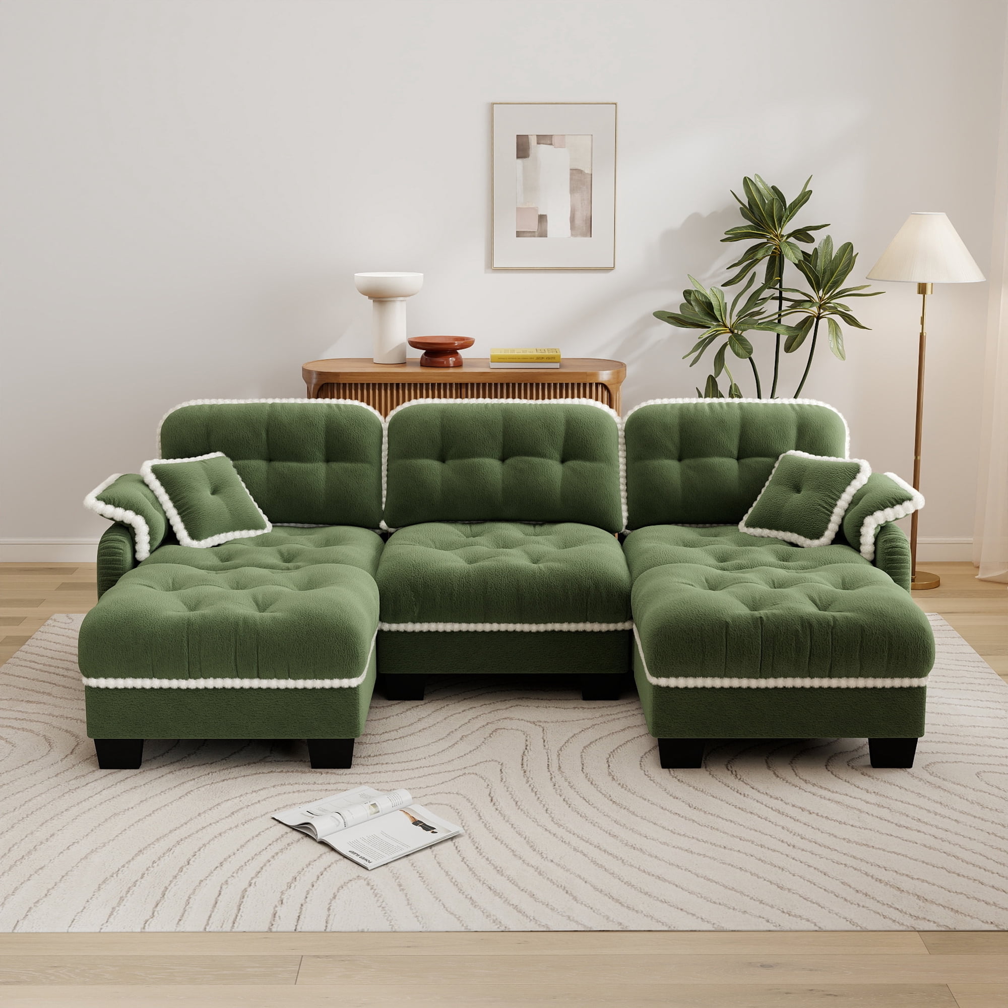 Aenkyo 100" Chenille Modular Sectional Sofa with 2 Movable Ottomans, 3-Seater, Green