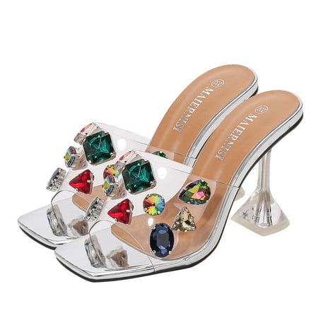 

Frcolor High Heels Sandals Toe Clear Shoes Transparent Slippers Heel Pumps Open Peep Rhinestone Summer Sandal Party Wedding