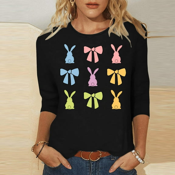 Fartey 2025 Easter Shirts for Women Cute Bunny Print 3/4 Sleeve Tops Slim Fit Crew Neck Tunic Blouse Plus Size Summer Casual Tees Loose Comfy Holiday T Shirts Black S-5XL