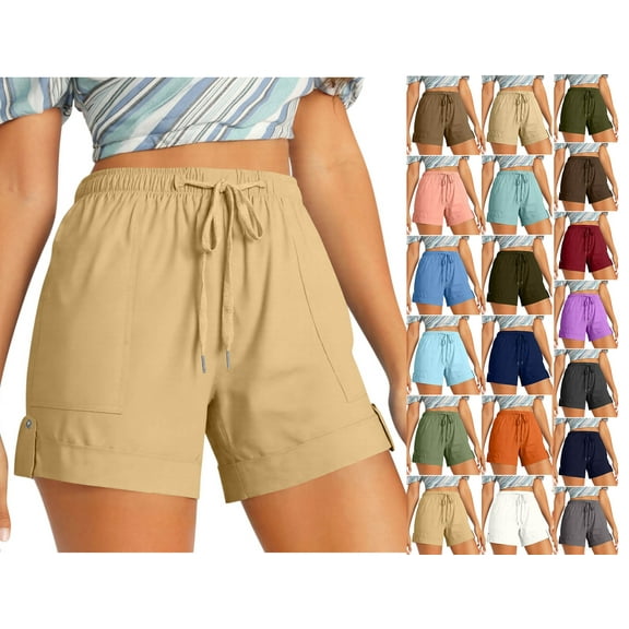 HAOTAGS Shorts for Women, Solid Color Tie Belt Elastic Waist Pocket Casual Shorts Khaki 3XL
