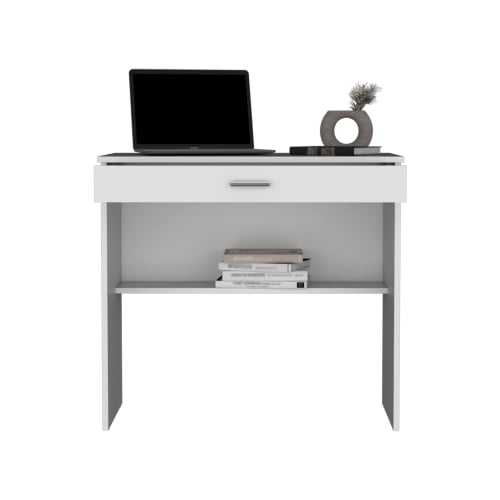 Dtwnek Computer Desk with 1 Drawer and Shelf, Wood Writing Desk for Living Room, Office, White