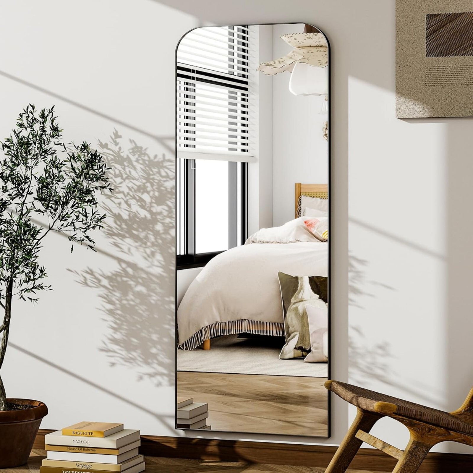AUROMIR 64"x21" Arched Full Length Mirror Freestanding Floor Mirror with Metal Frame, Black