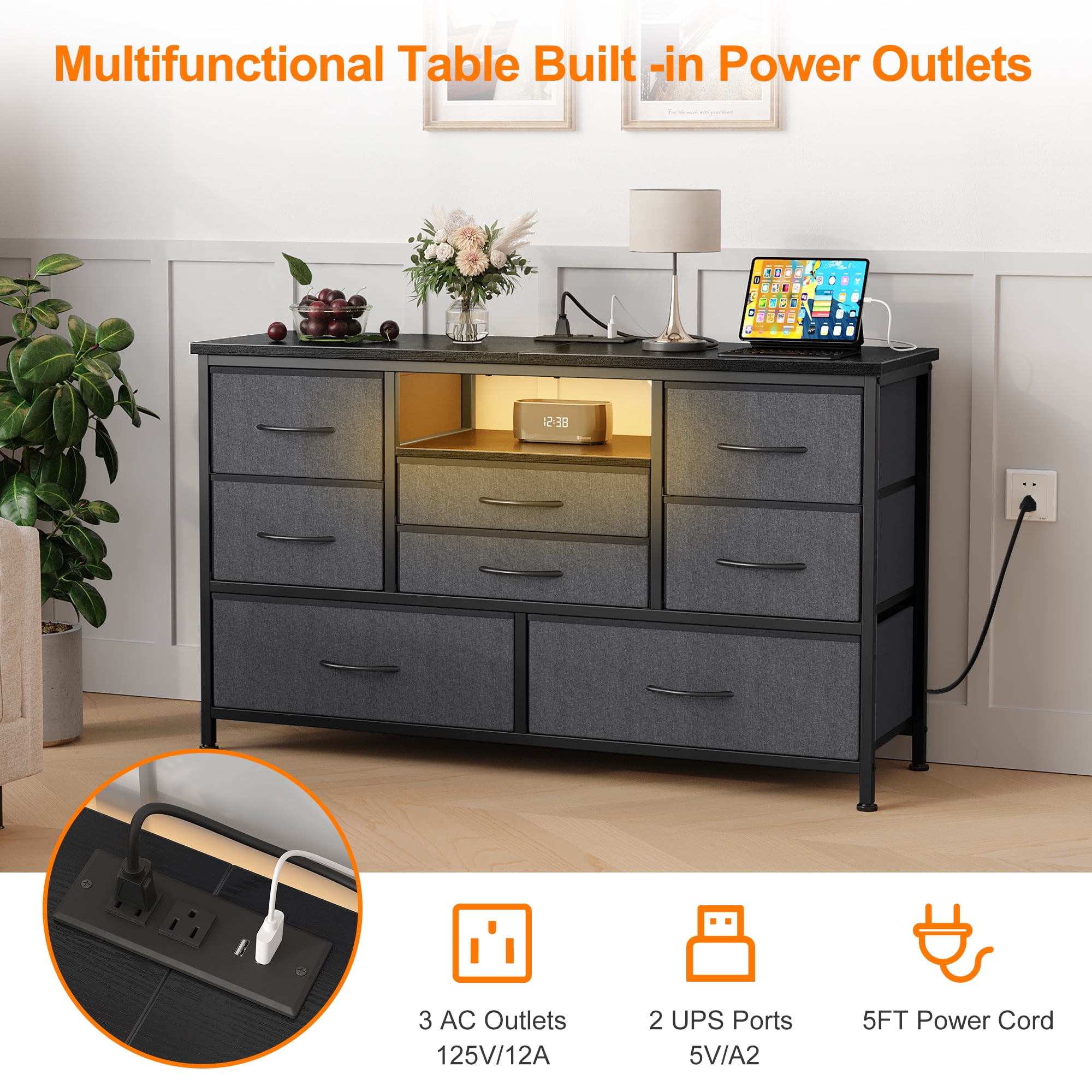 8 Dresser TV Stand with Power Outlet & LED for 55'' TV, Long Dresser for Bedroom with 8 Deep Drawers, Wide Console Table for Storage in Closet, Living Room, Entryway, Wood Top ,Grey