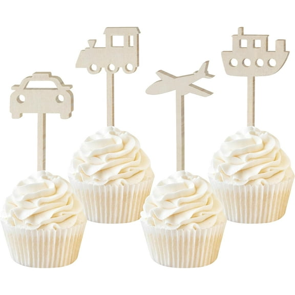 16PCS Transportation Cupcake Toppers Wooden Airplane Car Ship Train Cake Toppers for Transportation Traffic Vehicle Party Decorations Birthday Baby Shower Supplies