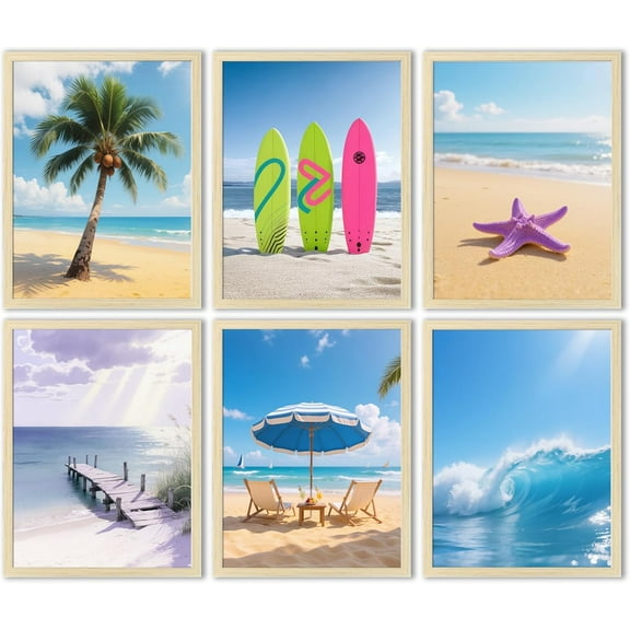 Beach Picture Wall Art for Home Decor Beach Poster Summer Wall Decor Surfboard Starfish Waves Palm Tree Canvas Prints for Living Room Decorations 8 ×10 in*6(Unframed)